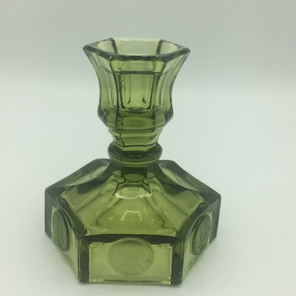 Vintage coin  green olive glass candlestick, mint
